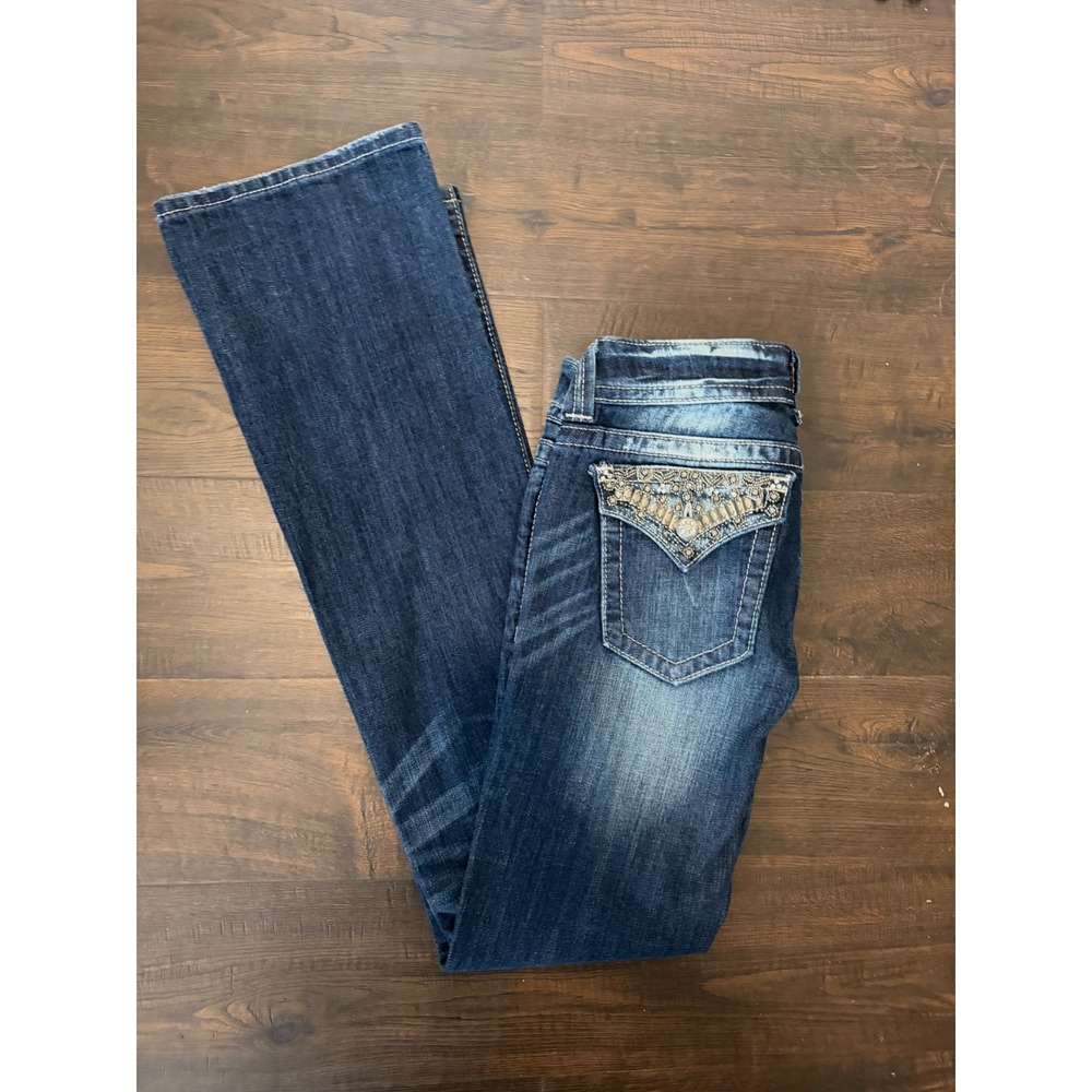 Miss Me Embellished Bootcut Jeans 28 Dark Wash Rhinestone Pocket Y2K JP4656B9